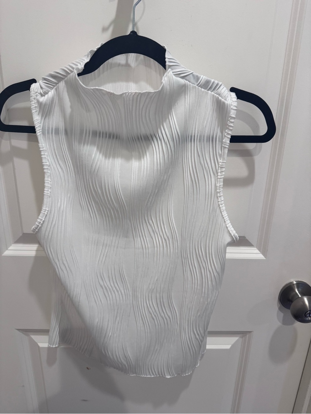 Sleeveless White Textured Mock Neck Tank